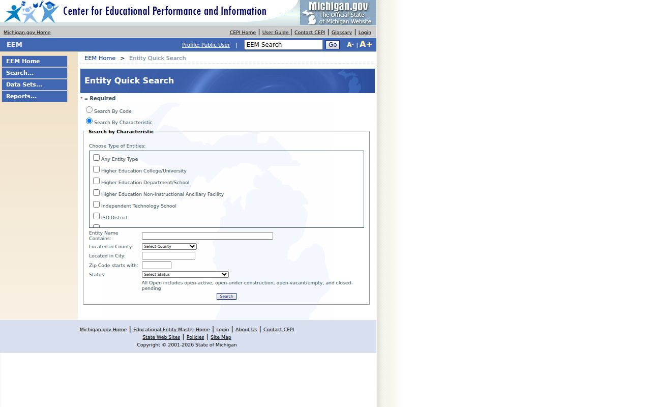 Michigan Educational Entity Master quick search in the Michigan phone directory of school contacts