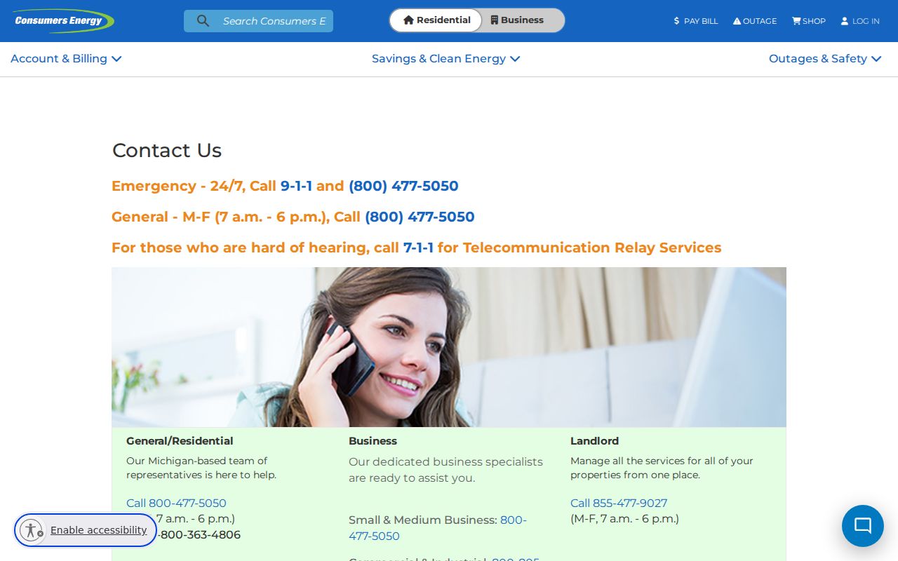 Consumers Energy contact page in the Michigan phone directory of utility numbers