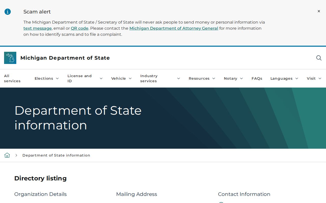 Michigan Department of State bureau directory in the Michigan phone directory
