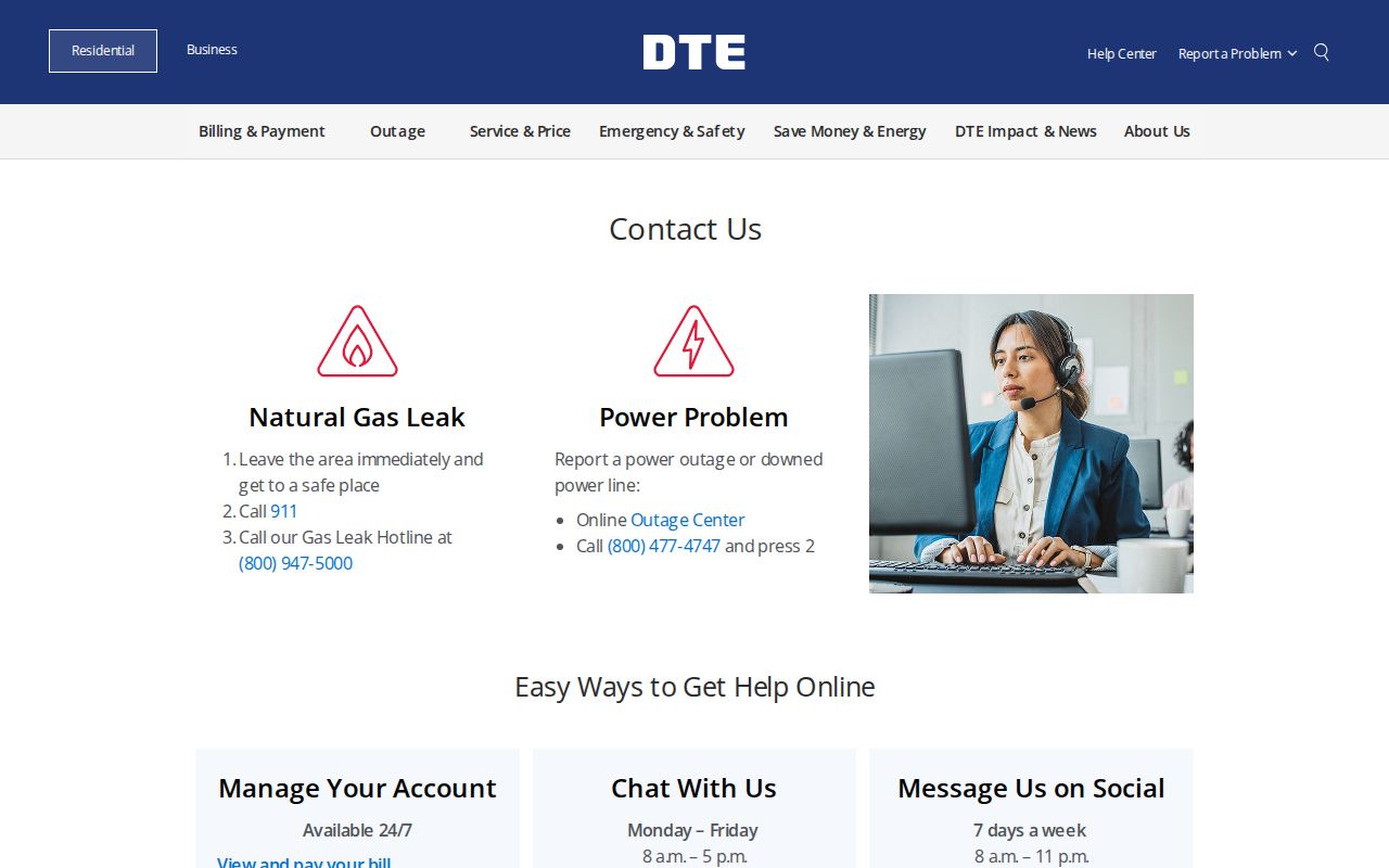 DTE Energy contact page with Michigan phone numbers for gas leaks and outages