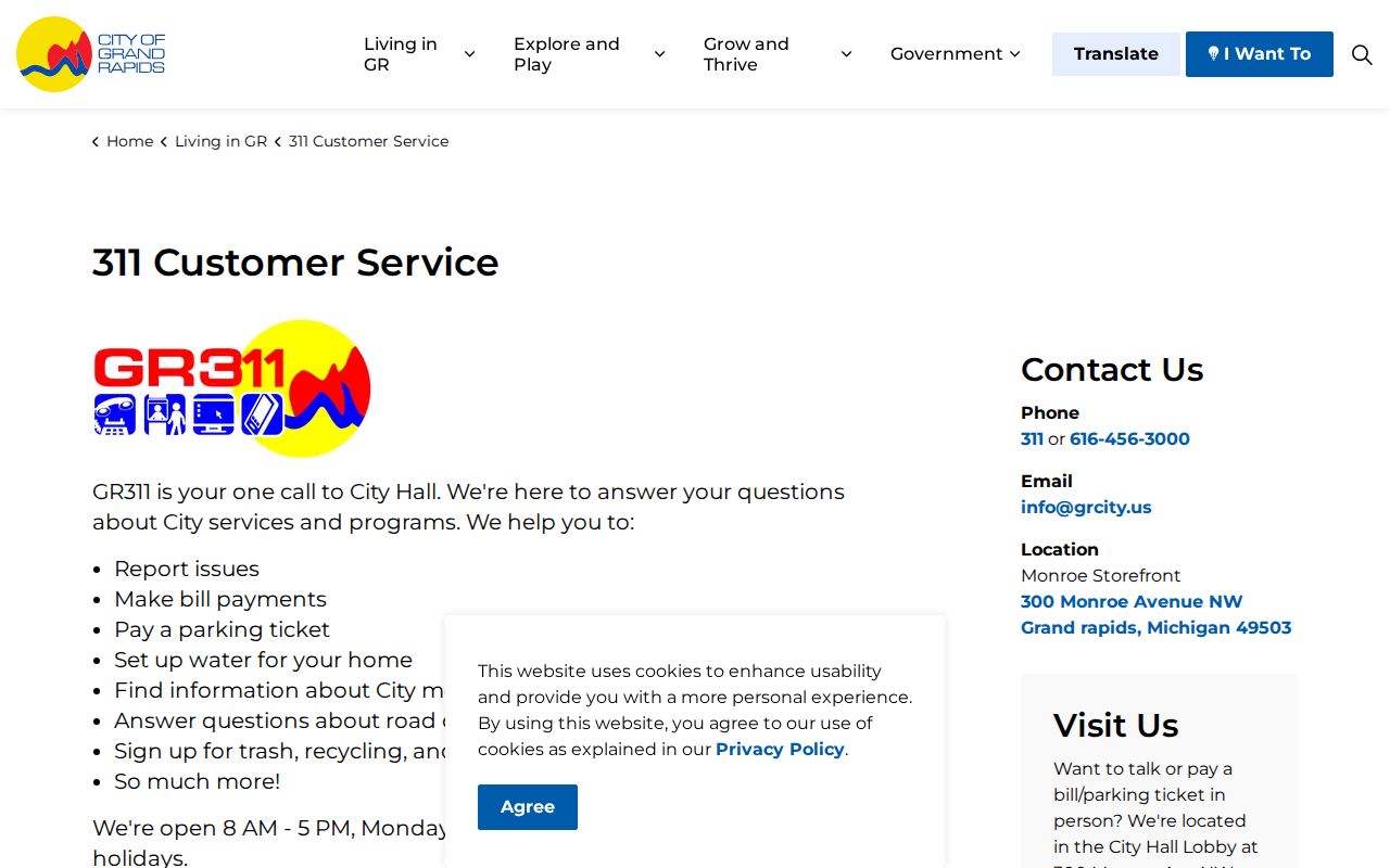 Grand Rapids 311 customer service page listed in the Michigan phone directory