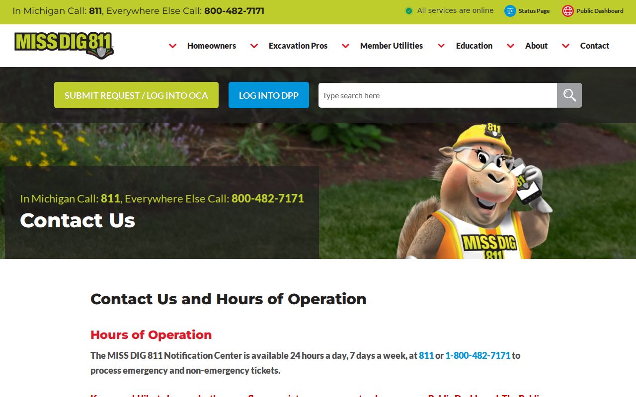 MISS DIG 811 contact page listing Michigan utility locate phone numbers