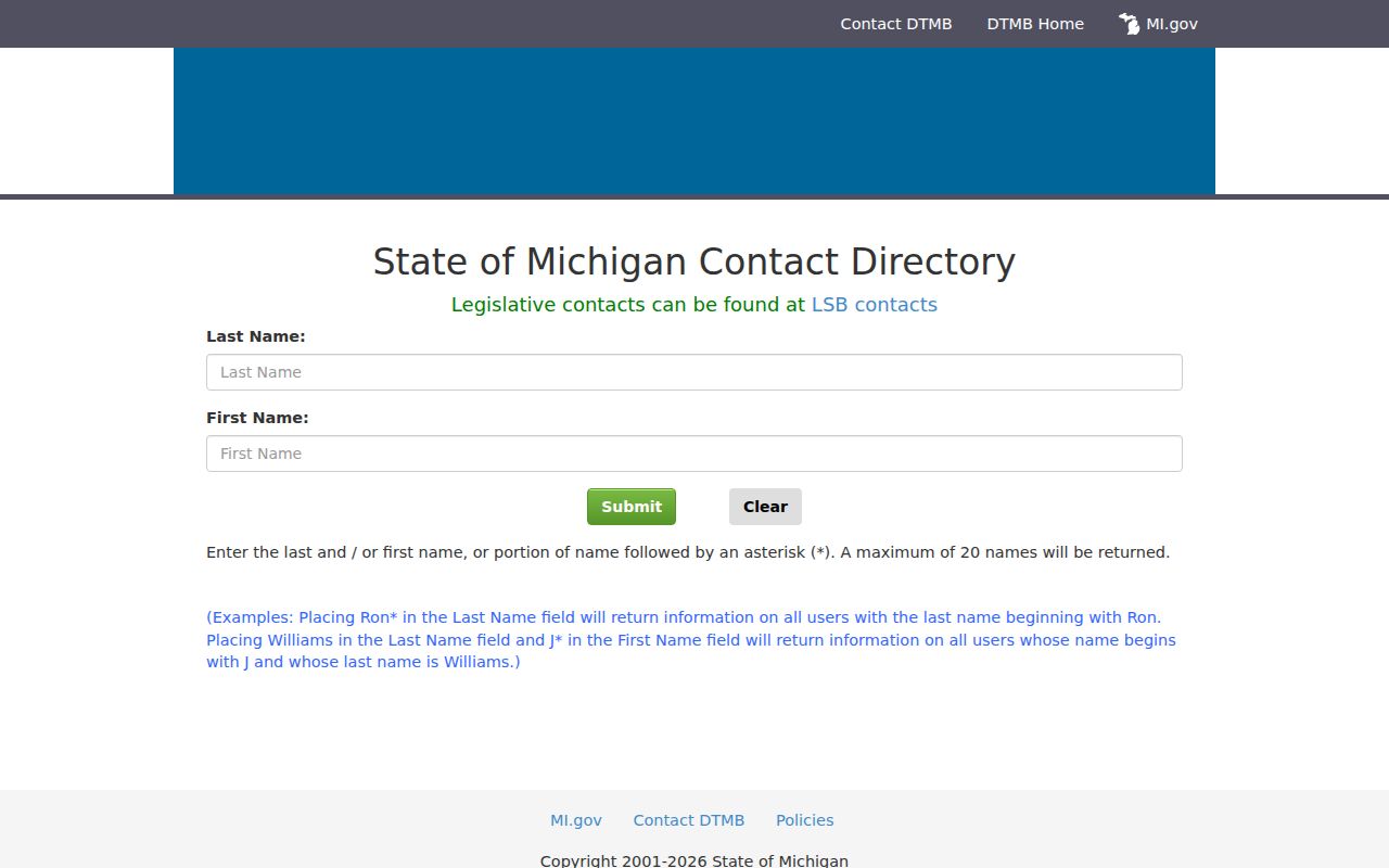 State of Michigan contact directory search used for Michigan phone directory lookups