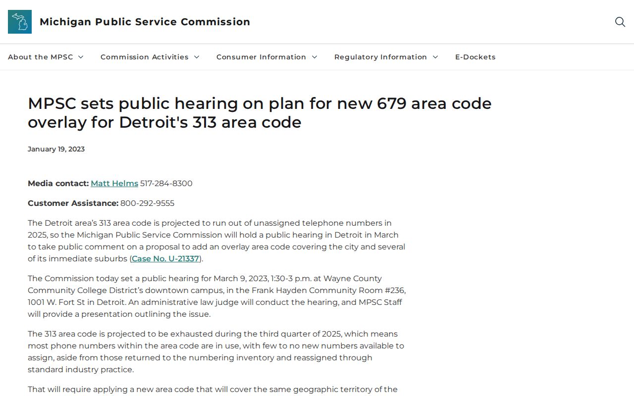 MPSC public hearing notice on the Michigan 679 area code overlay for Detroit