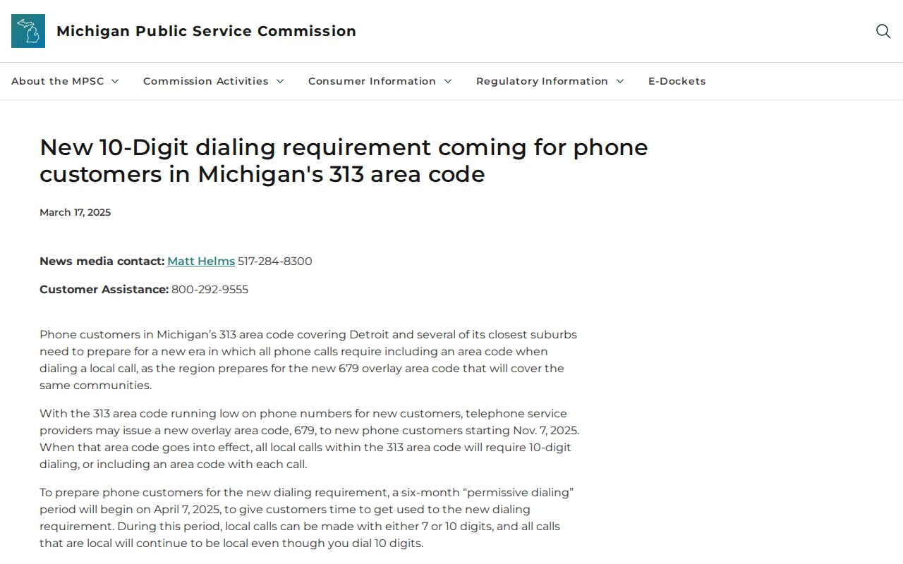 MPSC announcement of the Michigan 313 and 679 area code overlay schedule
