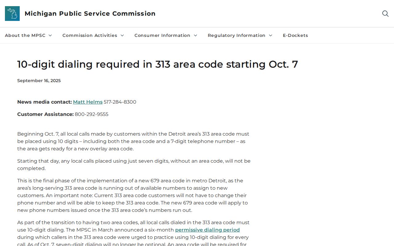 MPSC notice on ten-digit dialing in the Michigan 313 area code