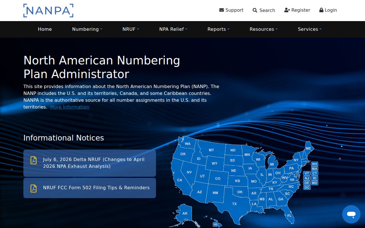 NANPA homepage used to verify Michigan phone area codes