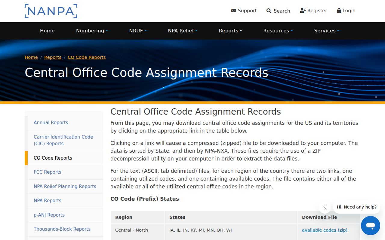 NANPA central office code assignment reports covering Michigan exchange phone codes