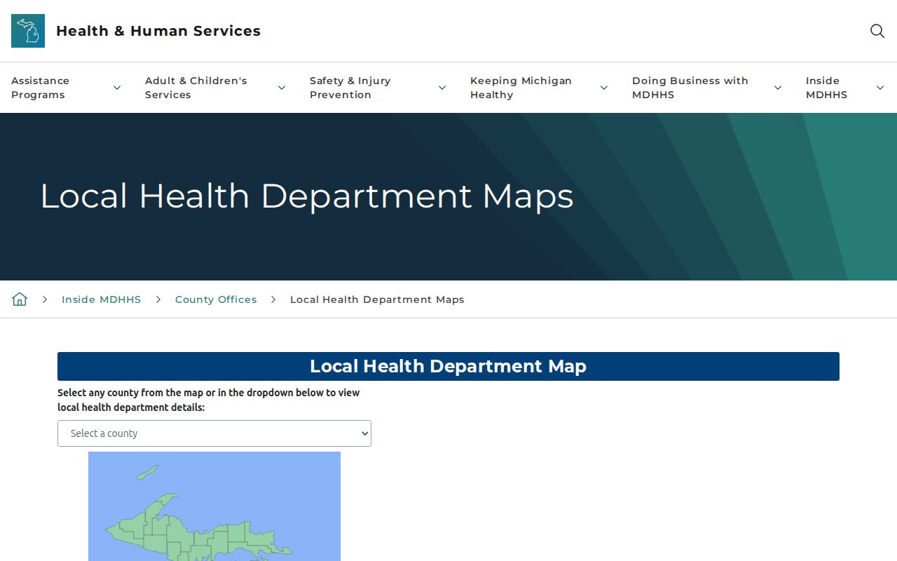 MDHHS local health department map used to find Michigan county health phone numbers