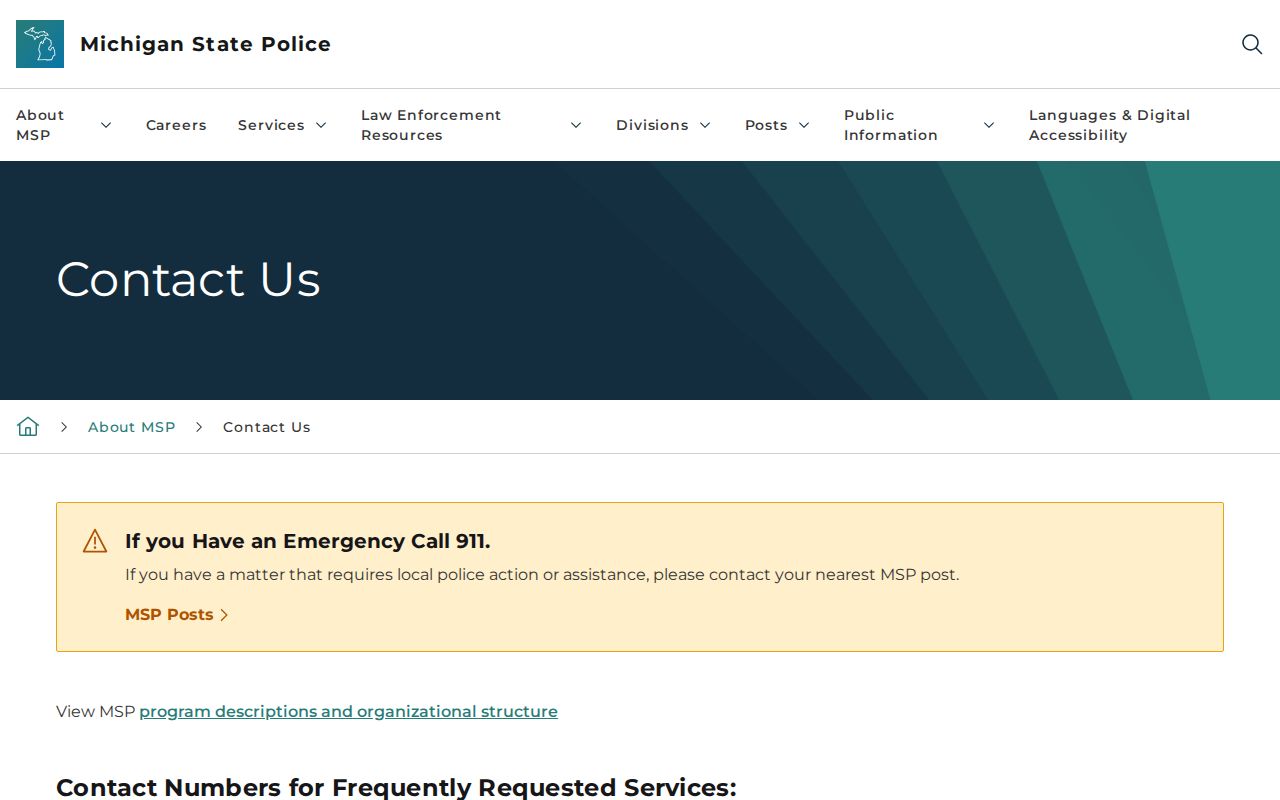 Michigan State Police contact page in the Michigan phone numbers directory
