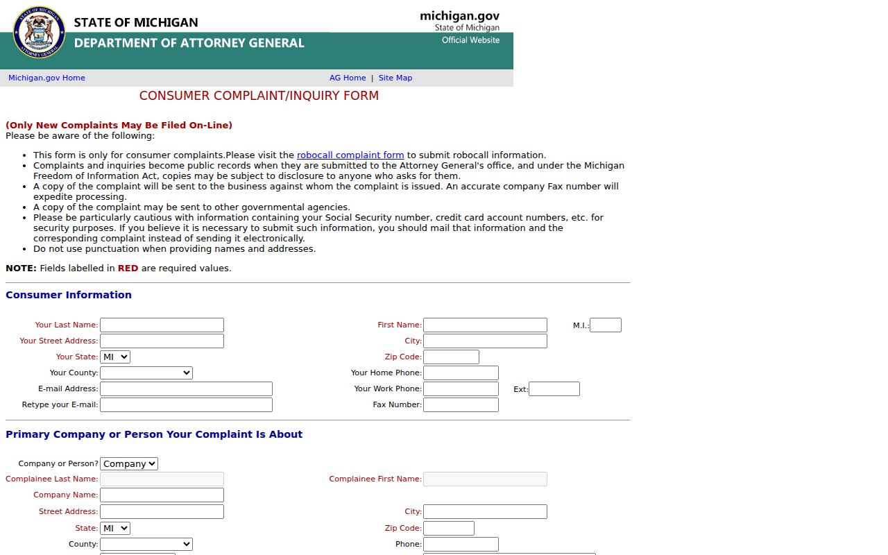 Michigan Attorney General consumer complaint form for reporting scam phone numbers