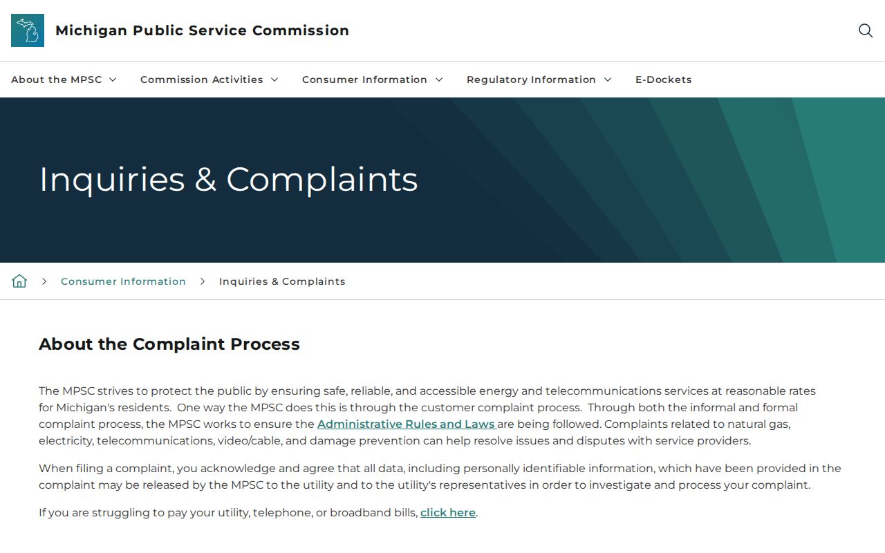 MPSC complaint process page for Michigan utility and telecom phone numbers