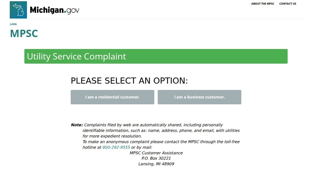 MPSC online complaint form asking for the Michigan phone number experiencing the issue