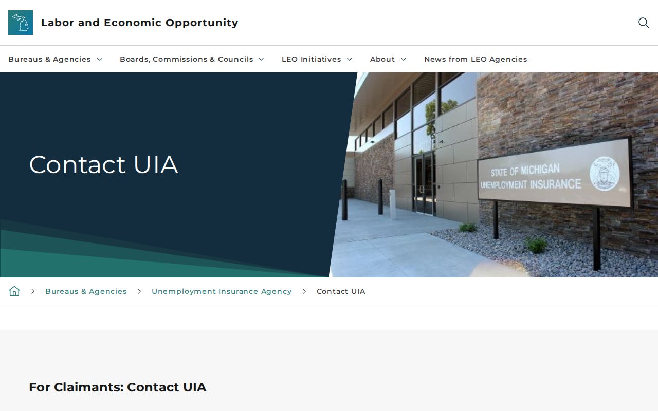 Michigan Unemployment Insurance Agency contact page with claimant phone numbers